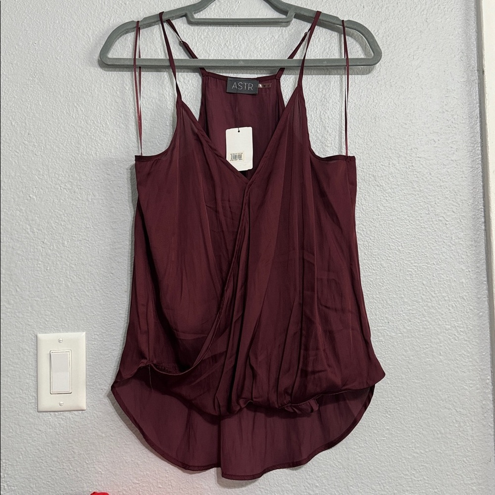 ASTR Burgundy Satin Faux Wrap Tank Blouse Size M NWT